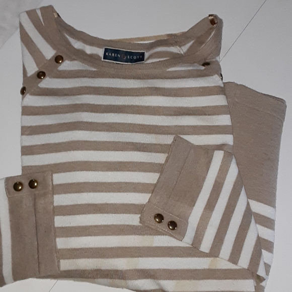 KAREN SCOTT Sweater Tan White Long Top MACYS. Size Large - Picture 2 of 4